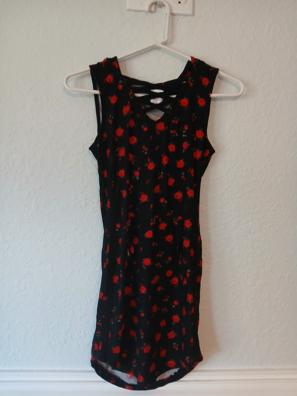 Girls Black Dress with Red Floral Print and Crisscross Back